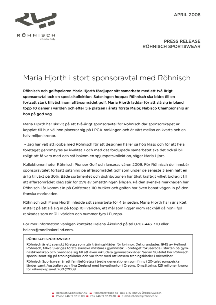 Maria Hjorth i stort sponsoravtal med Röhnisch