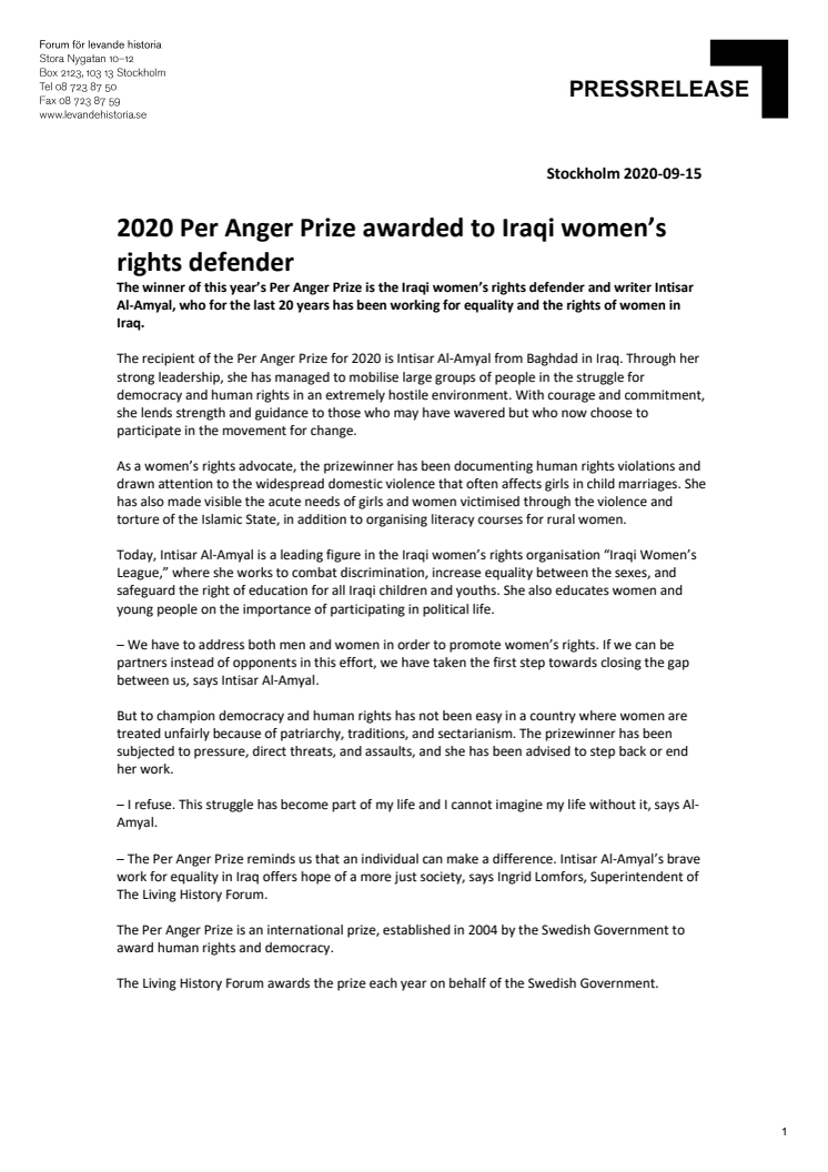 Per Anger-priset till irakisk kvinnorättsförsvarare