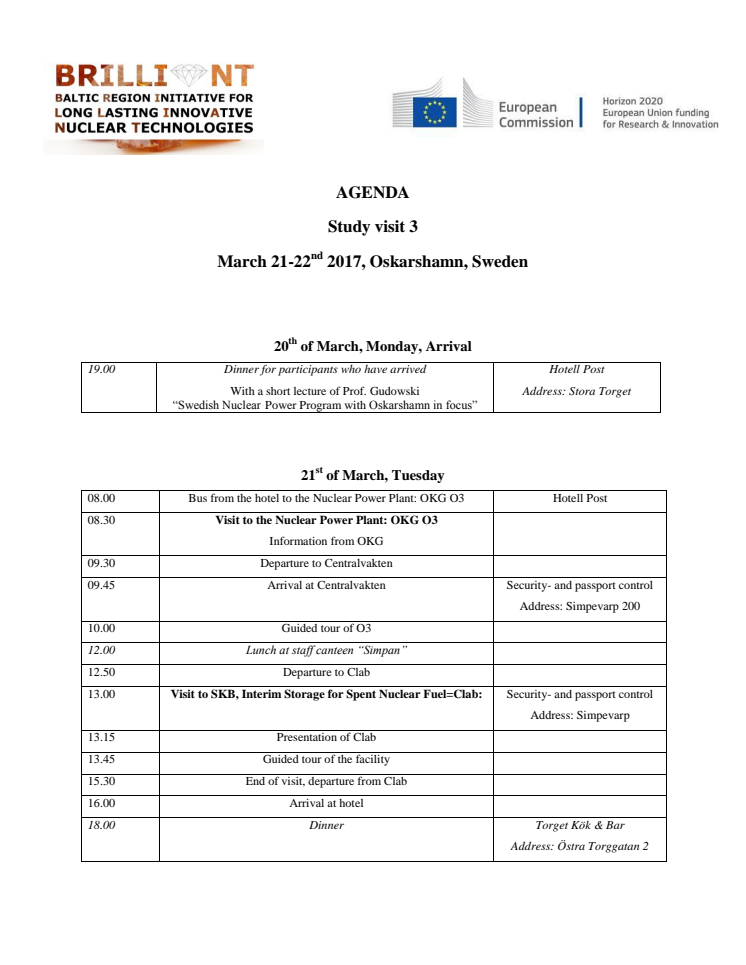 Agenda BRILLIANT Stuidebesök 21-22 mars 2017