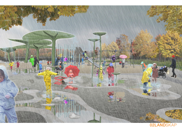 Bild på regnlekplatsen i regn, illustration av 02Landskap