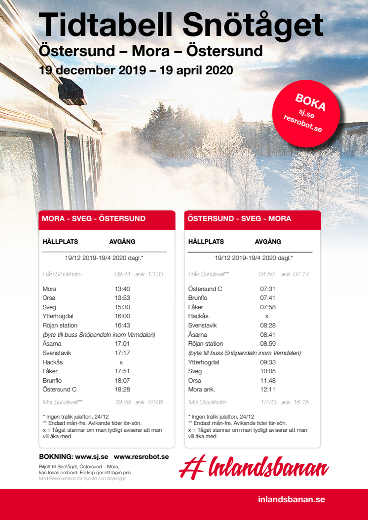 Tidtabell Snötåget 2019-2020