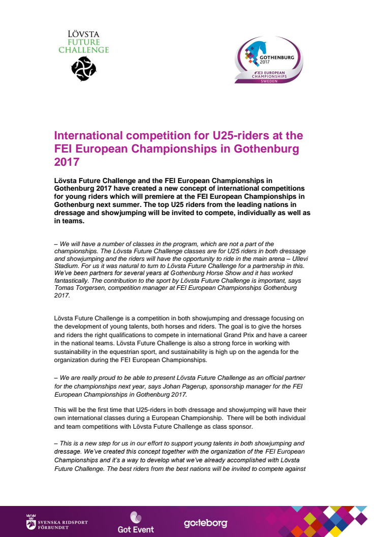 International competition for U25-riders at the FEI European Championships in Gothenburg 2017