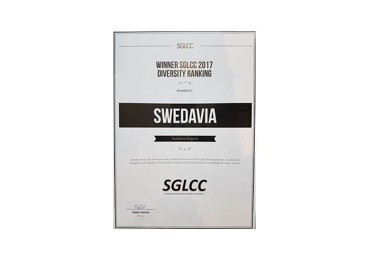 Swedavias diplom ”Winner of 2017 SGLCC Diversity Ranking”, Bild - Swedavia