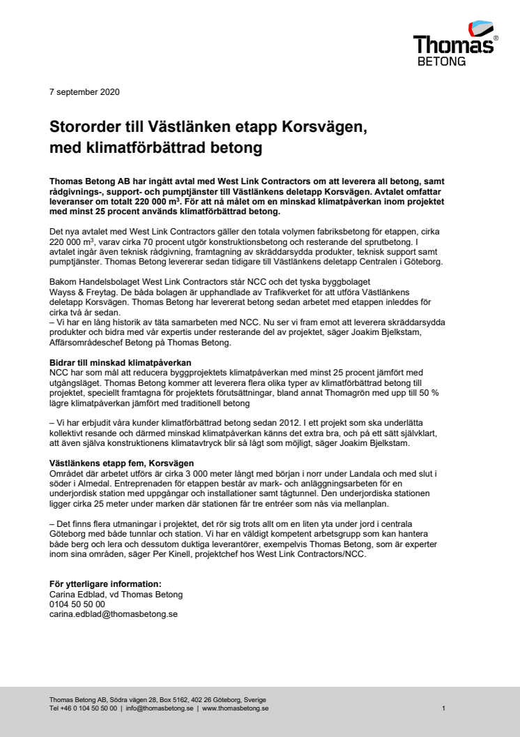 Stororder till Västlänken etapp Korsvägen, med klimatförbättrad betong