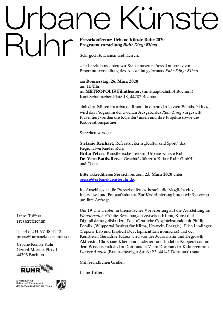 Ruhr Ding: Klima – Einladung zur Pressekonferenz am 26. März 2020