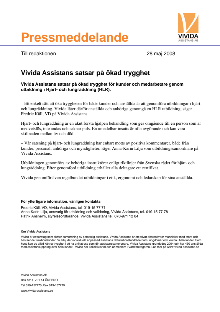 Vivida Assistans satsar på ökad trygghet
