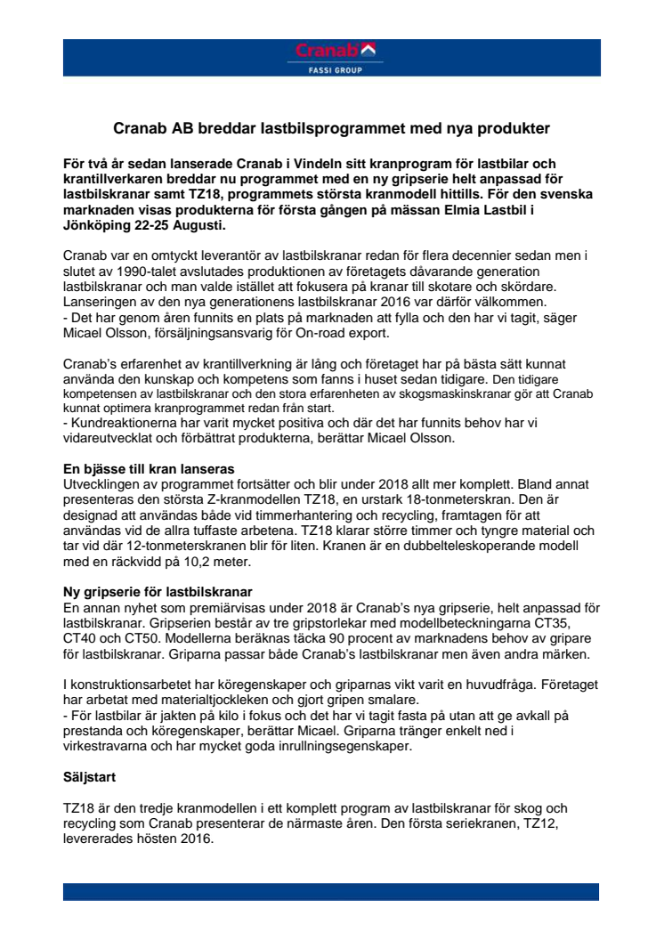 Cranab AB breddar lastbilsprogrammet med nya produkter