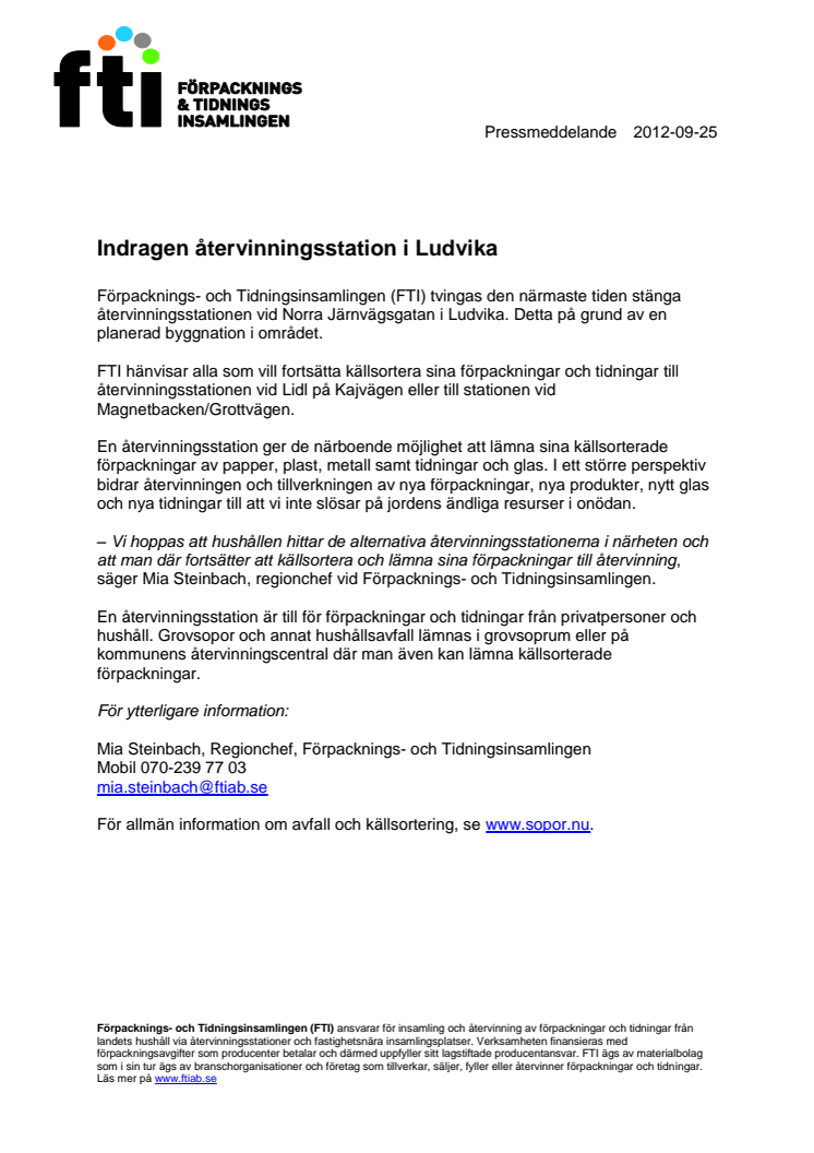 Indragen återvinningsstation i Ludvika