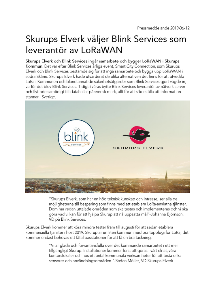 Skurups Elverk väljer Blink Services som leverantör av LoRaWAN