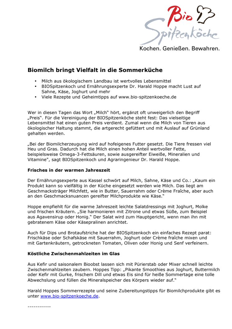 ﻿﻿Biomilch bringt Vielfalt in die Sommerküche