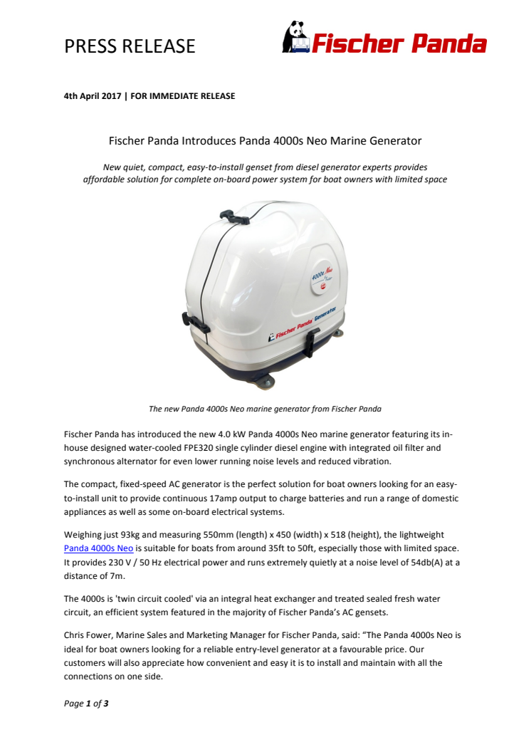 Fischer Panda Introduces Panda 4000s Neo Marine Generator