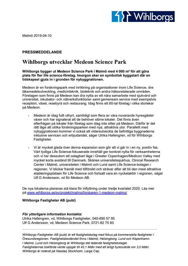 Wihlborgs utvecklar Medeon Science Park