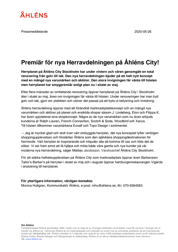 Premiär för nya Herravdelningen på Åhléns City!