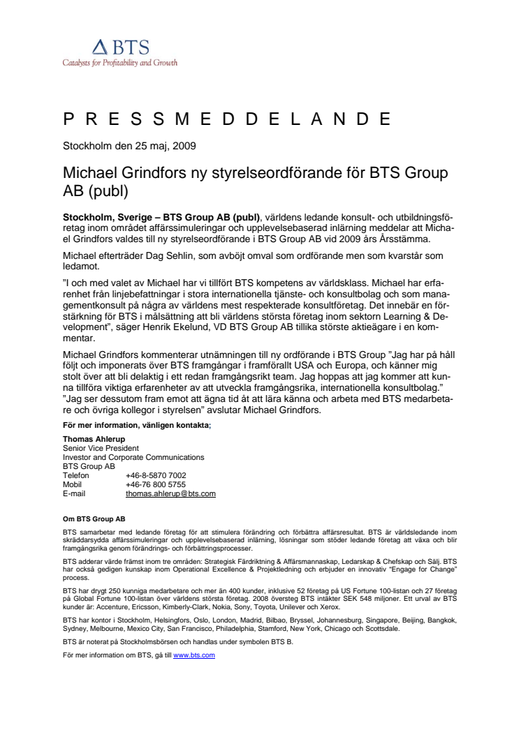 Michael Grindfors ny Styrelseordförande i BTS Group AB