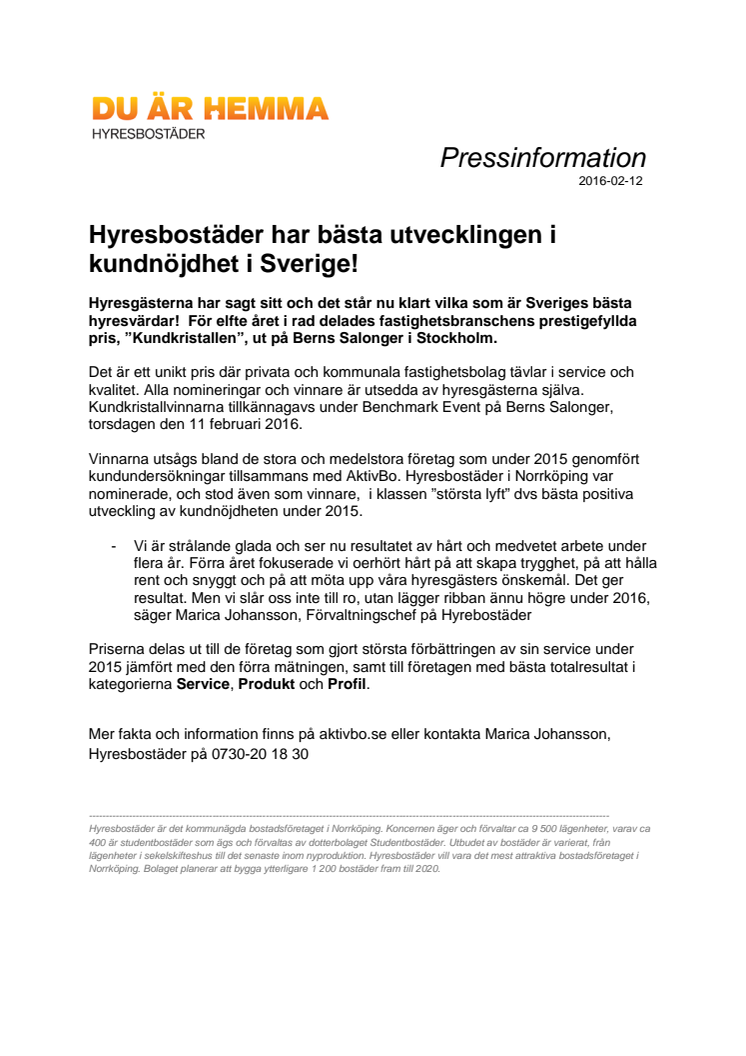Hyresbostäder har bästa utvecklingen i kundnöjdhet i Sverige
