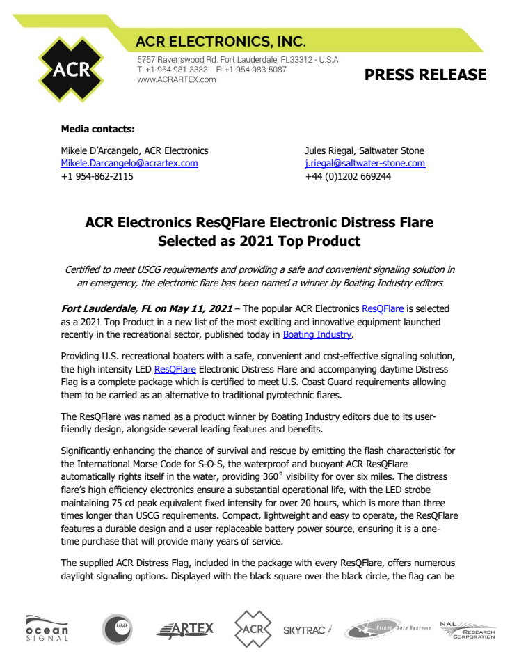 ACR Electronics ResQFlare Electronic Distress Flare Selected as 2021 Top Product 