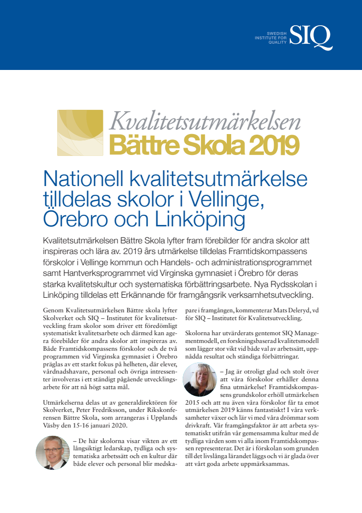 Nationell kvalitetsutmärkelse tilldelas skolor i Vellinge, Örebro och Linköping