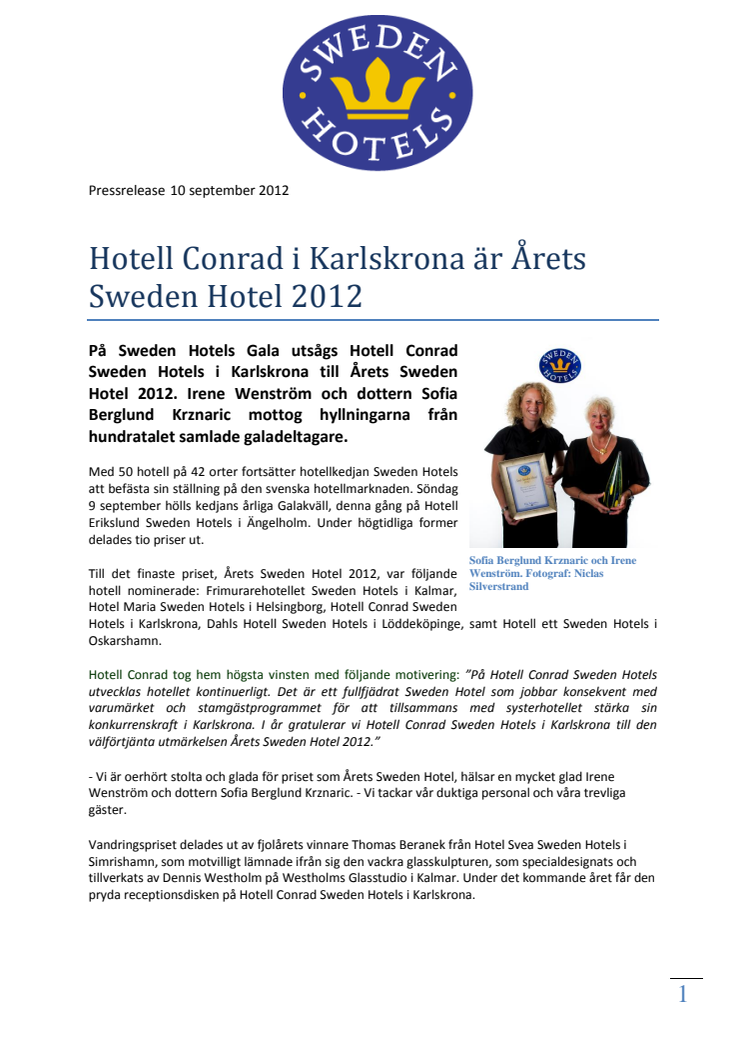 Hotell Conrad i Karlskrona är Årets Sweden Hotel 2012