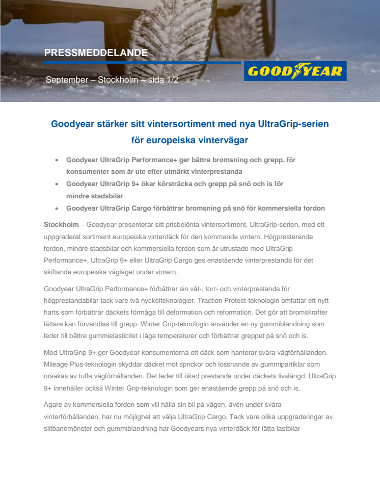 Goodyear stärker sitt vintersortiment med nya UltraGrip-serien för europeiska vintervägar