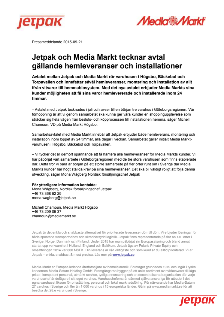Jetpak och Media Markt tecknar avtal gällande hemleveranser och installationer
