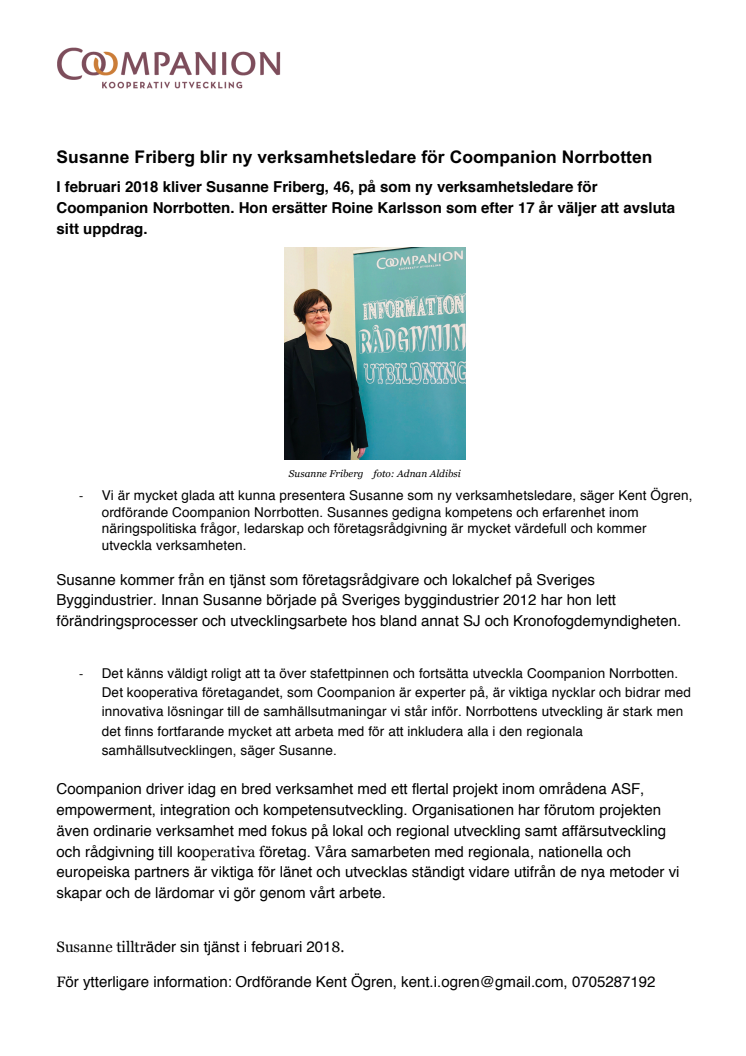 Susanne Friberg blir ny verksamhetsledare för Coompanion Norrbotten