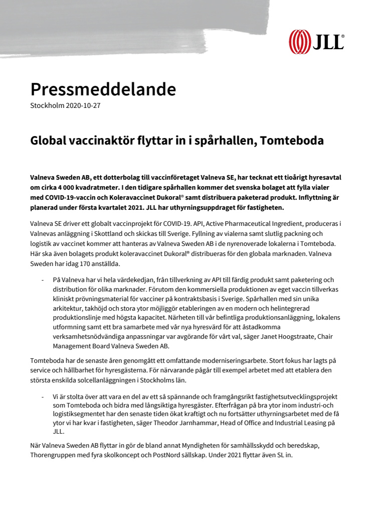 Global vaccinaktör flyttar in i spårhallen, Tomteboda
