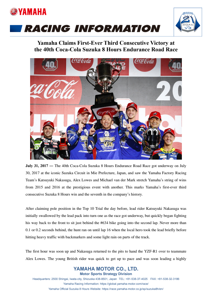 Yamaha Claims First-Ever Third Consecutive Victory at the 40th Coca-Cola Suzuka 8 Hours Endurance Road Race
