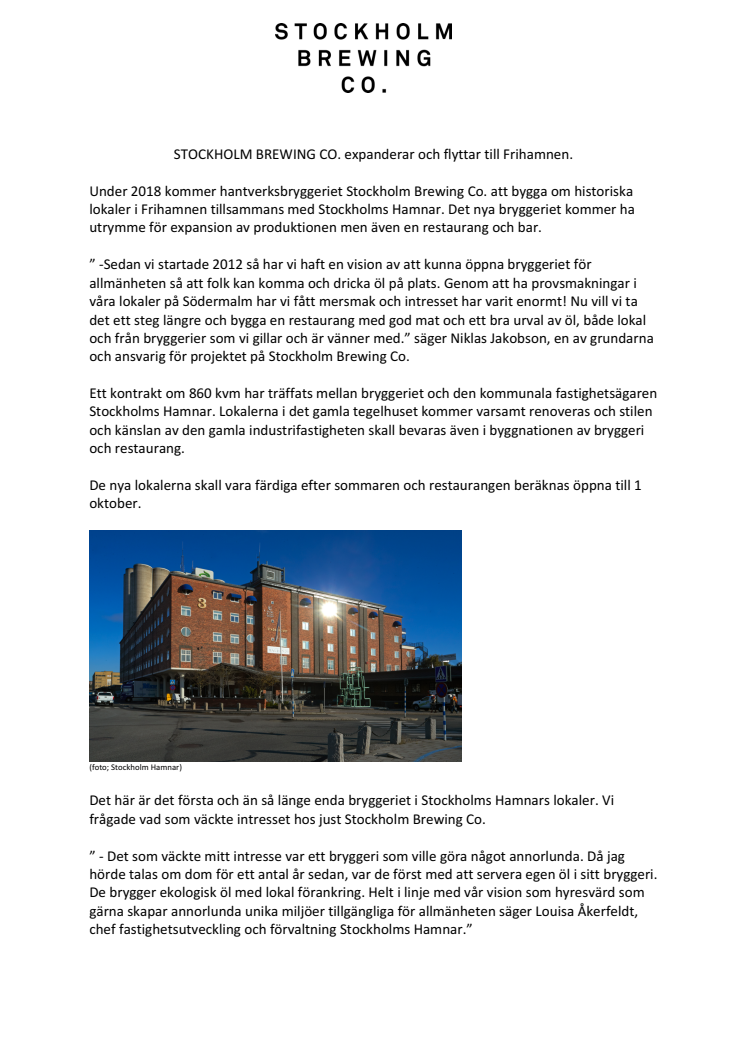 Stockholm Brewing Co. expanderar och flyttar till Frihamnen