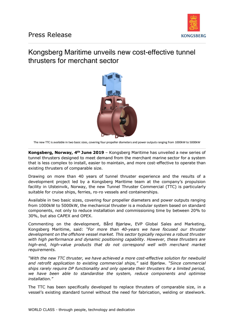 Kongsberg Maritime unveils new cost-effective tunnel thrusters for merchant sector 