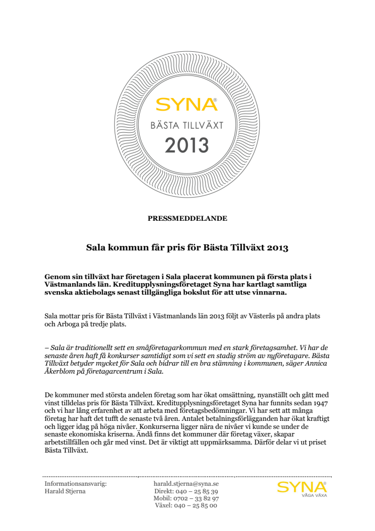 Sala kommun får pris för Bästa Tillväxt 2013