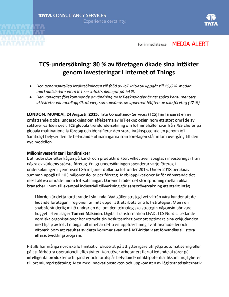 TCS-undersökning: 80 % av företagen ökade sina intäkter genom investeringar i Internet of Things