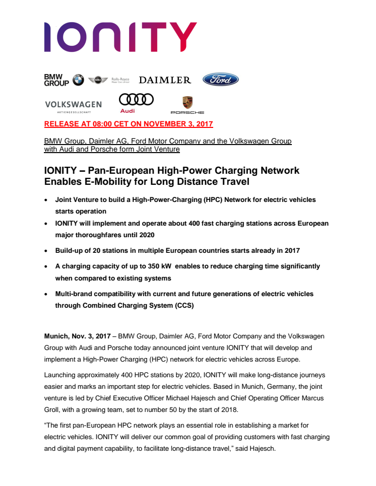 IONITY – Pan-European High-Power Charging Network Enables E-Mobility for Long Distance Travel 