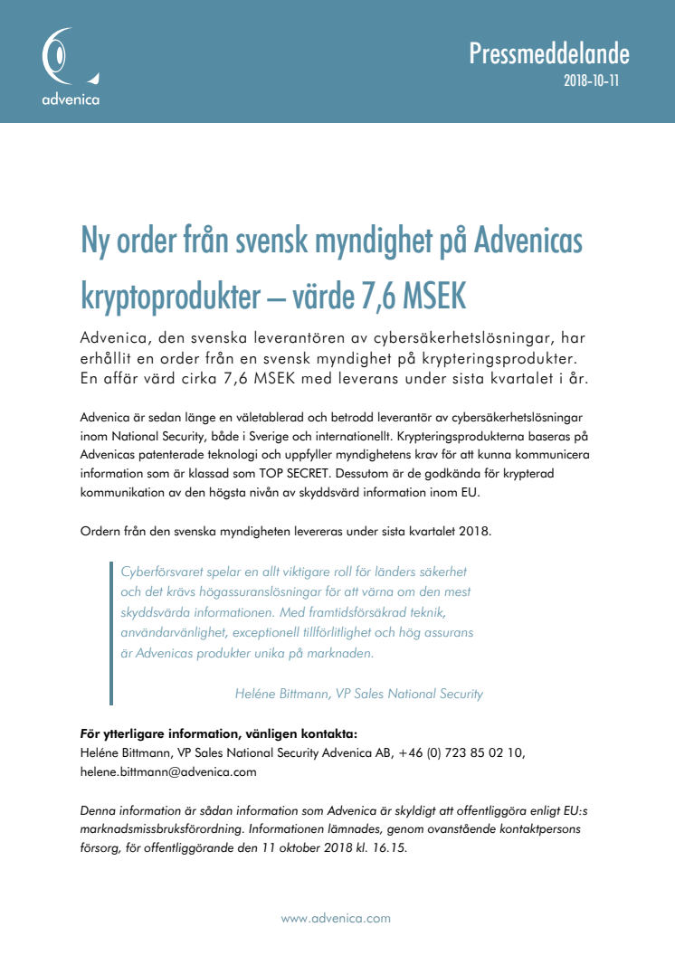 Ny order från svensk myndighet på Advenicas kryptoprodukter – värde 7,6 MSEK