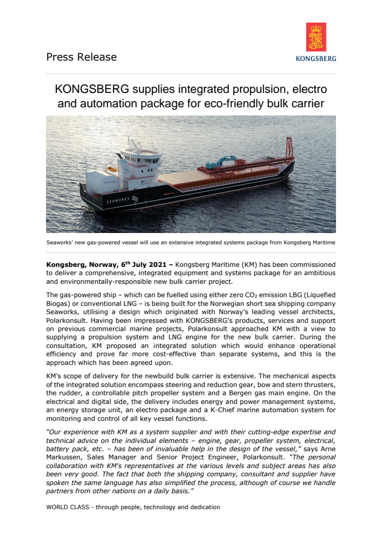 KONGSBERG supplies integrated propulsion, electro and automation package for eco-friendly bulk carrier