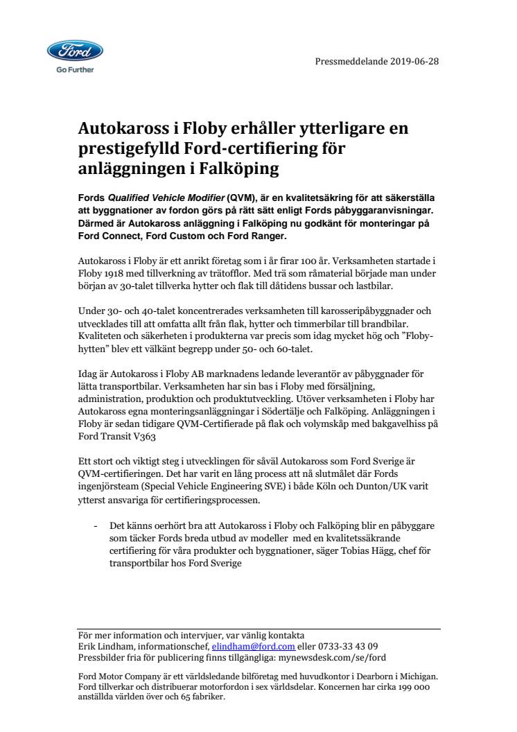 Autokaross i Floby erhåller ytterligare en prestigefylld Ford-certifiering för anläggningen i Falköping