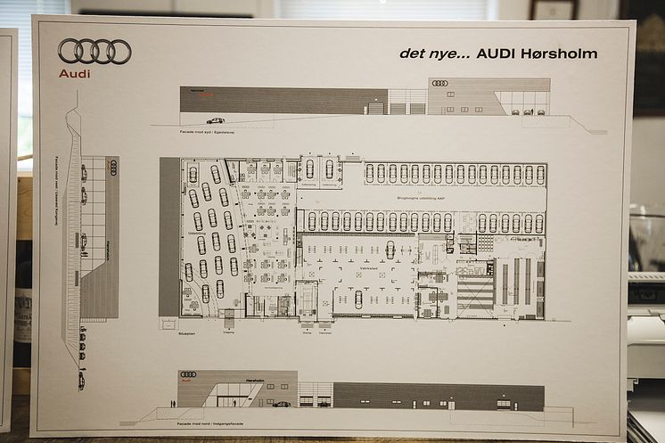 Audi Hørsholm første spadestik - projekttegning over stueplanet af det nye bilhus