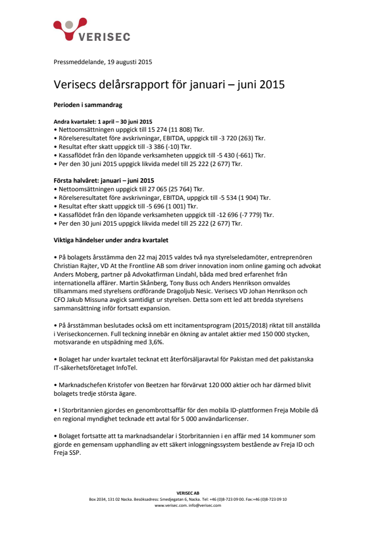 Verisecs delårsrapport för januari – juni 2015