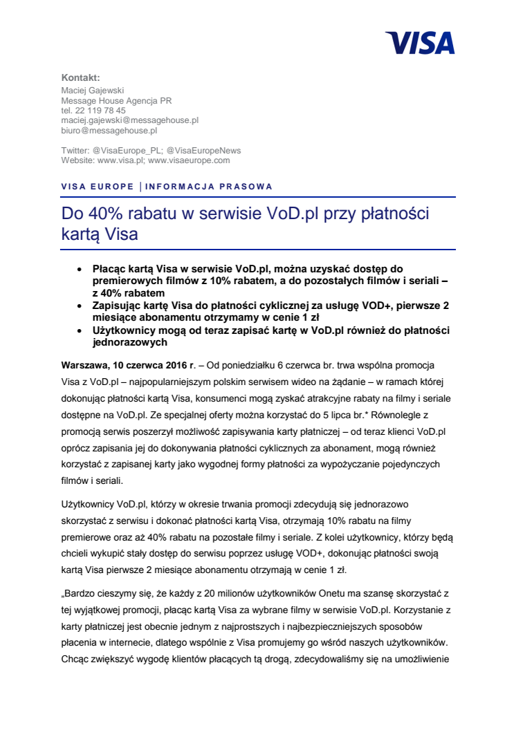 Do 40% rabatu w serwisie VoD.pl przy płatności kartą Visa