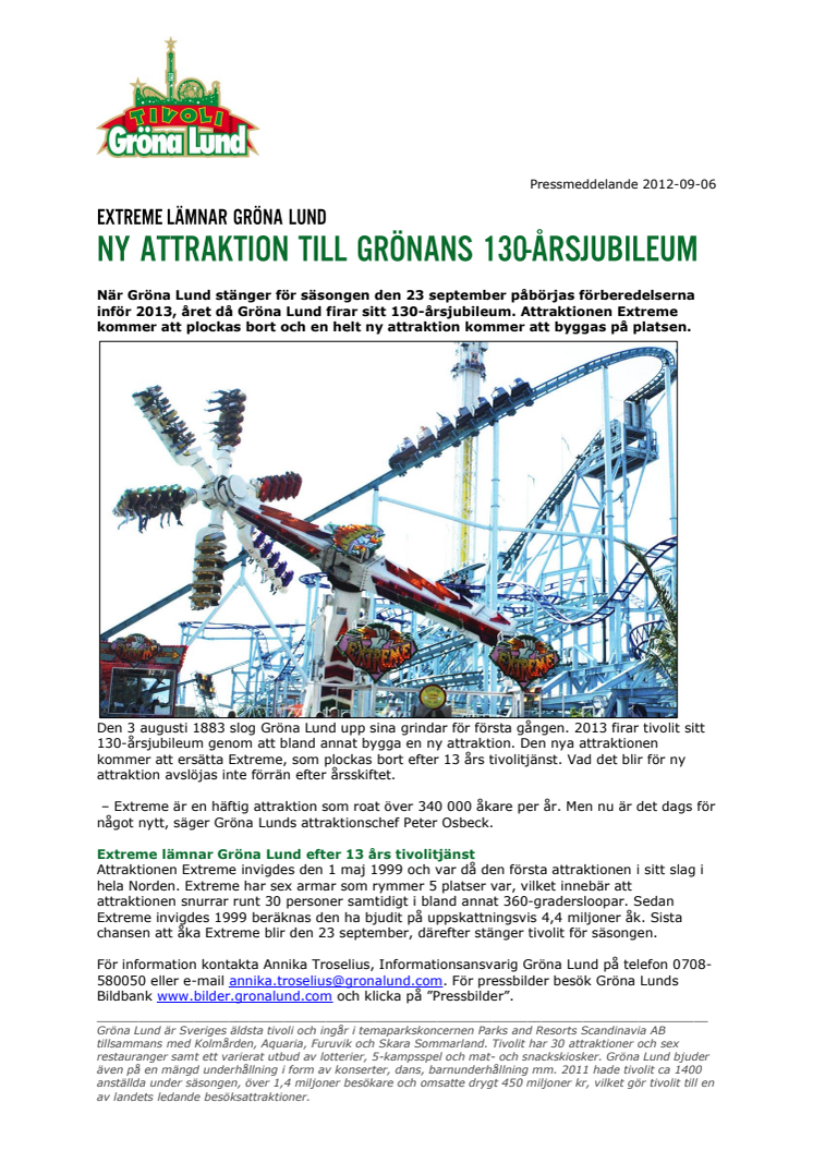 Ny attraktion till Grönans 130-årsjubileum - Extreme lämnar Gröna Lund