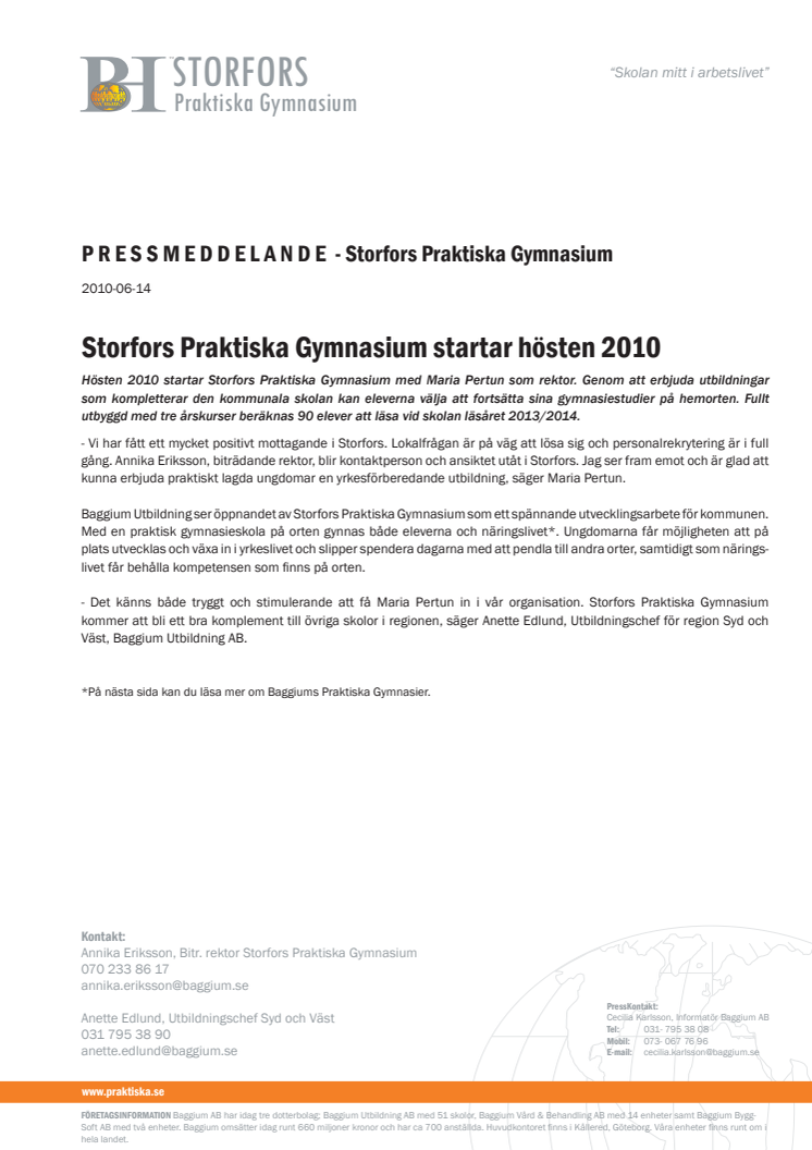 Storfors Praktiska Gymnasium startar hösten 2010