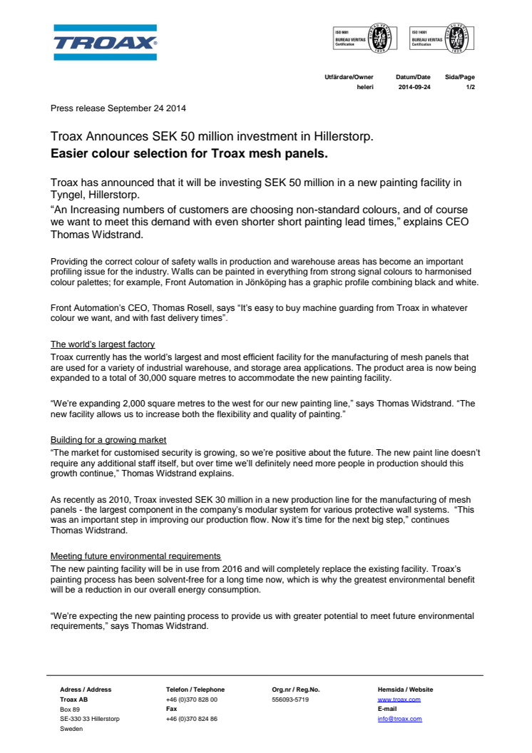 Troax Announces SEK 50 million investment in Hillerstorp