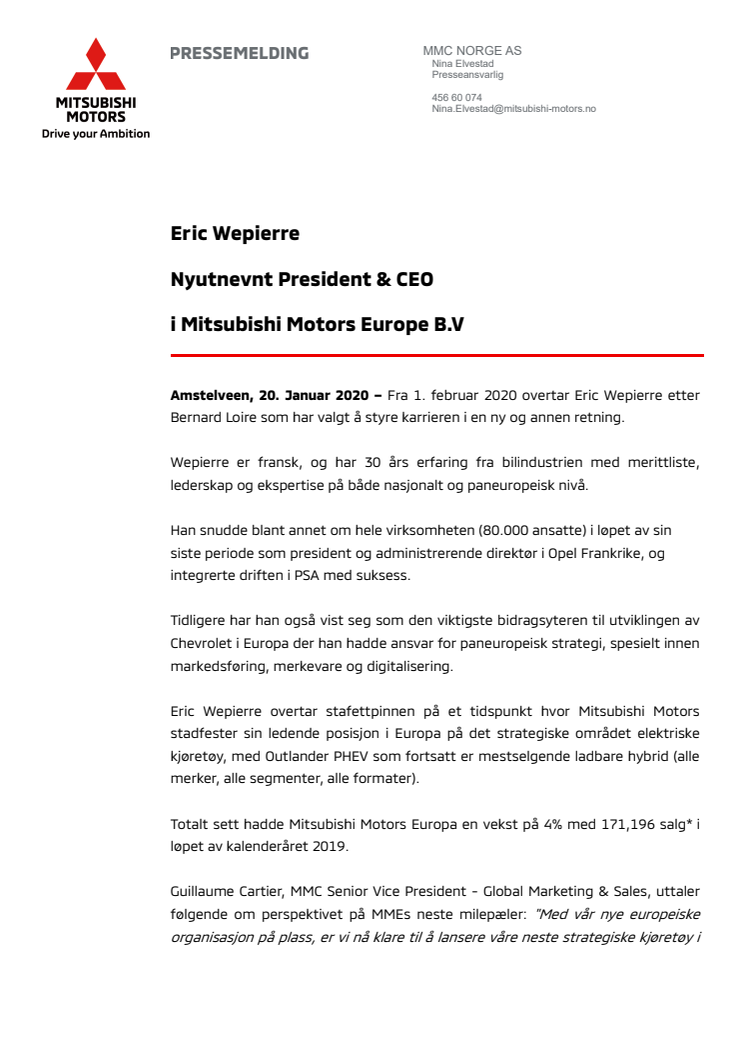 Eric Wepierre - Nyutnevnt President & CEO i Mitsubishi Motors Europa B.V