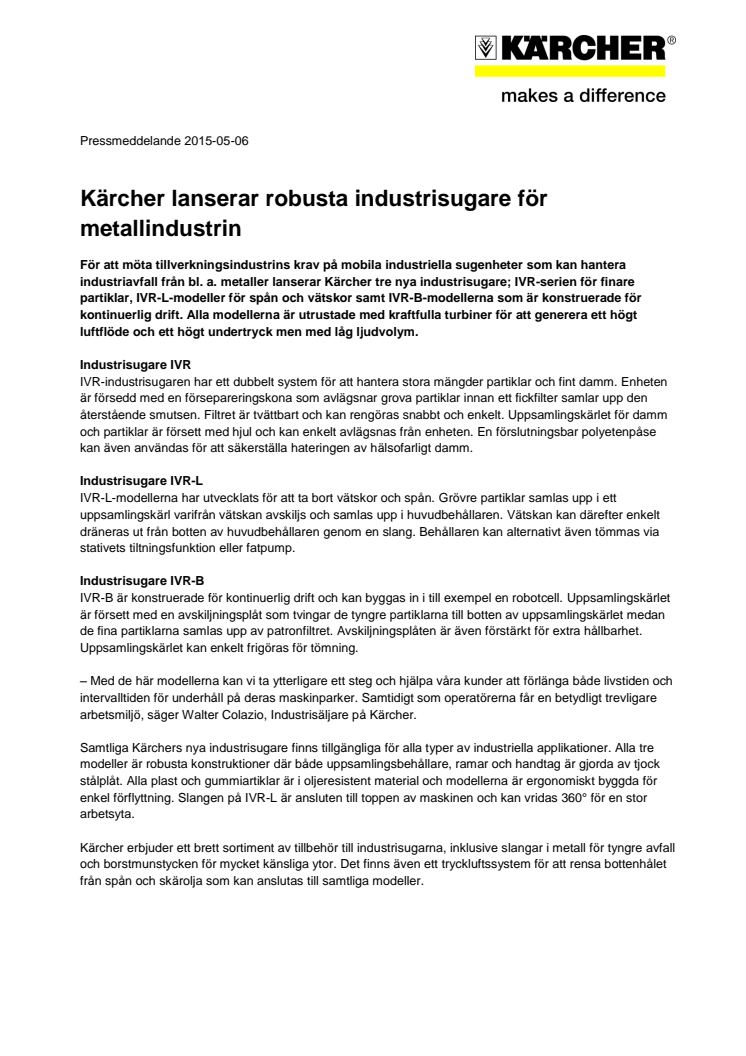 Kärcher lanserar robusta industrisugare för metallindustrin