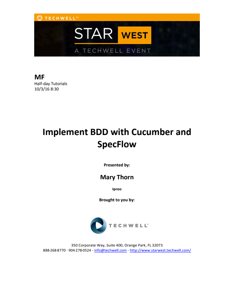 Implement BDD with Cucumber and SpecFlow, m. Mary Thorn