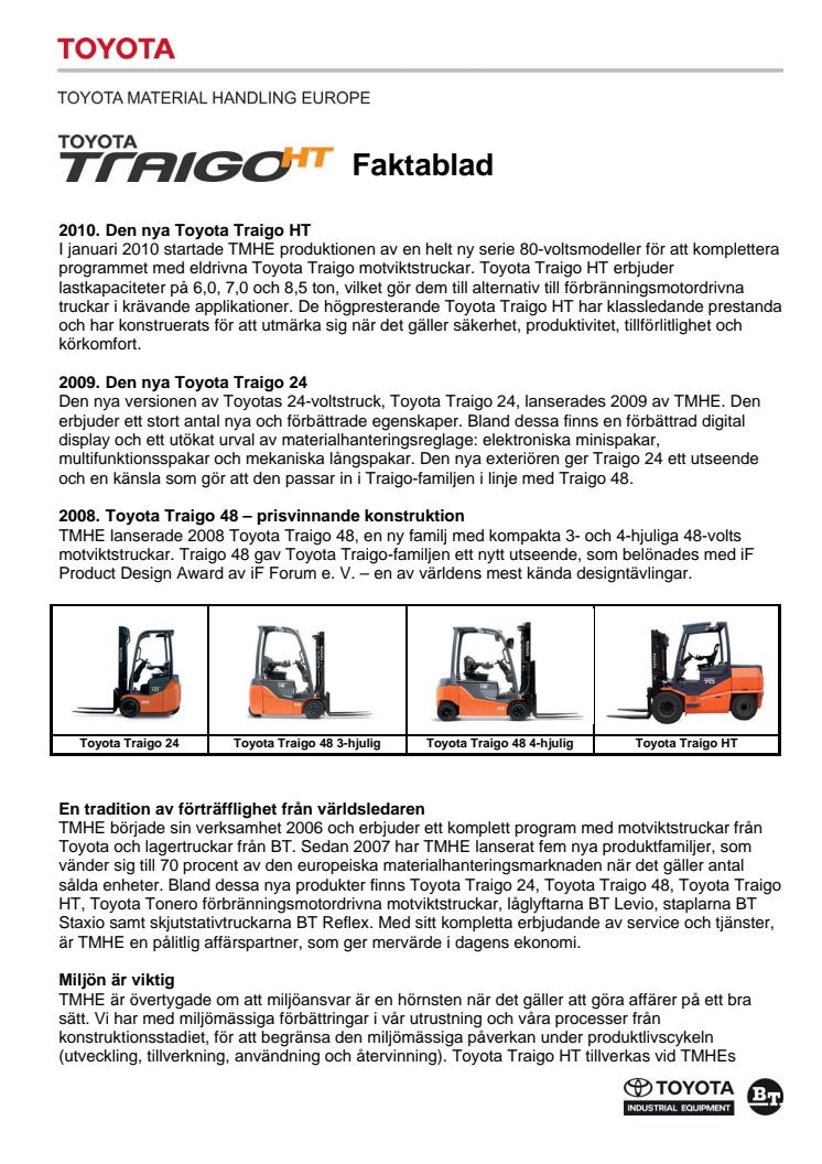 Faktablad - Toyota Traigo HT - elektrisk motviktstruck