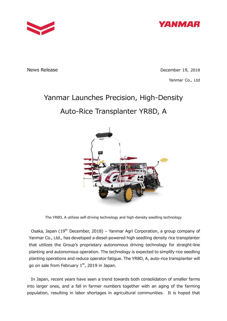 Yanmar Launches Precision, High-Density Auto-Rice Transplanter YR8D, A