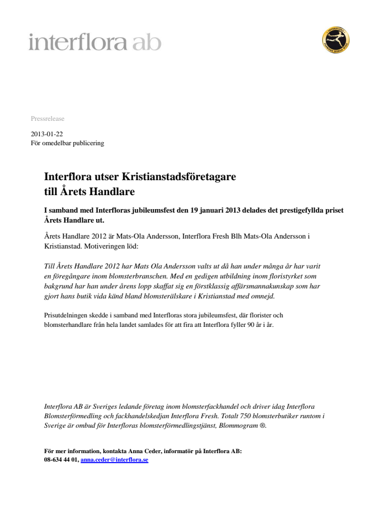 Interflora utser Kristianstadsföretagare till Årets Handlare