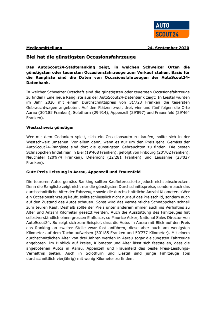 Medienmitteilung (PDF) AutoScout24 Staedteranking 2020