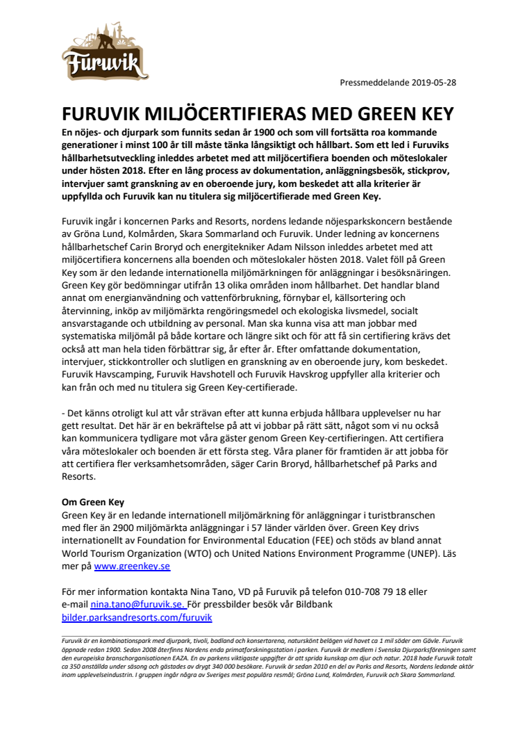 Furuvik miljöcertifieras med Green Key