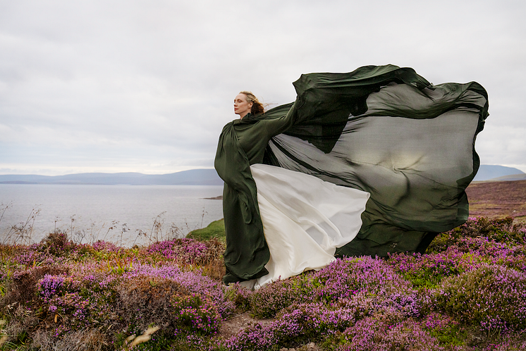 Gwendoline Christie standing on Hobbister Moor in Orkney where Highland Park's peat is cut, from short film Orkney Stories CREDIT Annabel Elston _ Highland Park